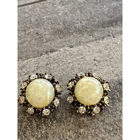 Vintage Clip Ons Clips Earrings Confetti Lucite Plastic Crystal Rhinestones - Picture 6 of 12